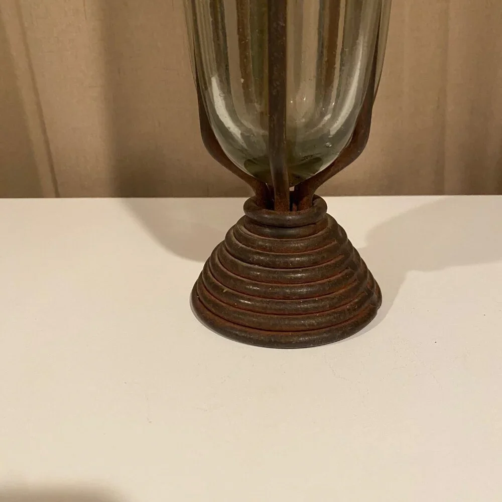 Rare Vintage Blown Glass Vase‎ in Wrought Iron Frame 17” Mid-Century Brutalist